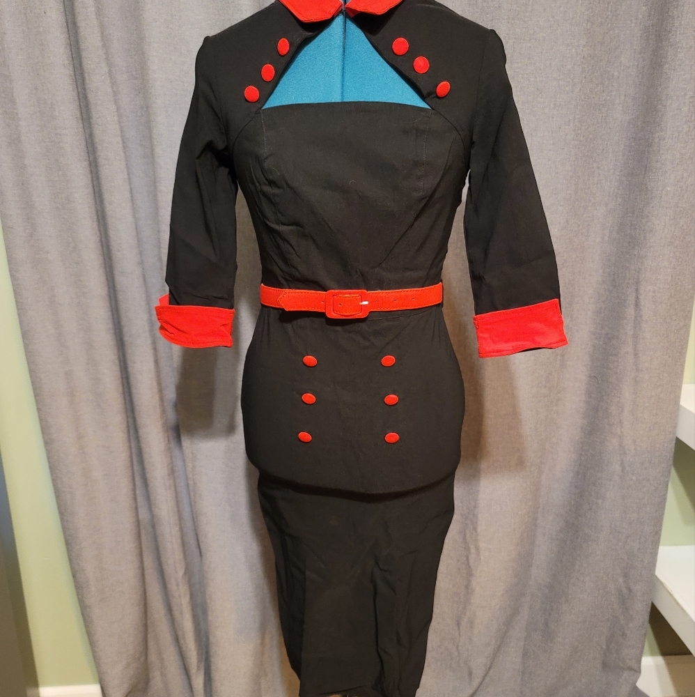 Hell Bunny Vixen black and red wiggle dress with red waist belt. Size XS.